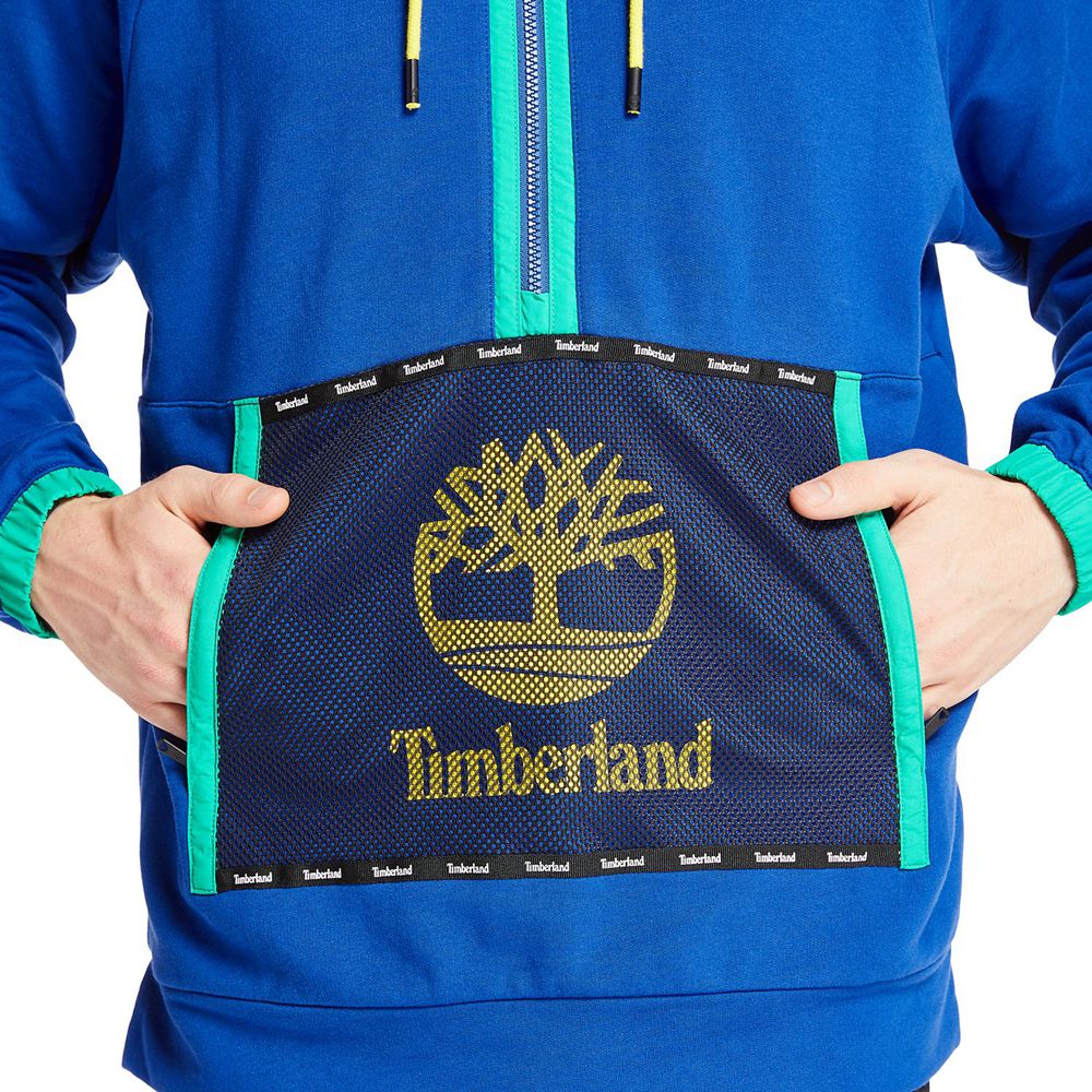 Timberland Mens Sweatshirts Mixed-Media Mesh Pocket Hoodie - Blue - India GK3405719